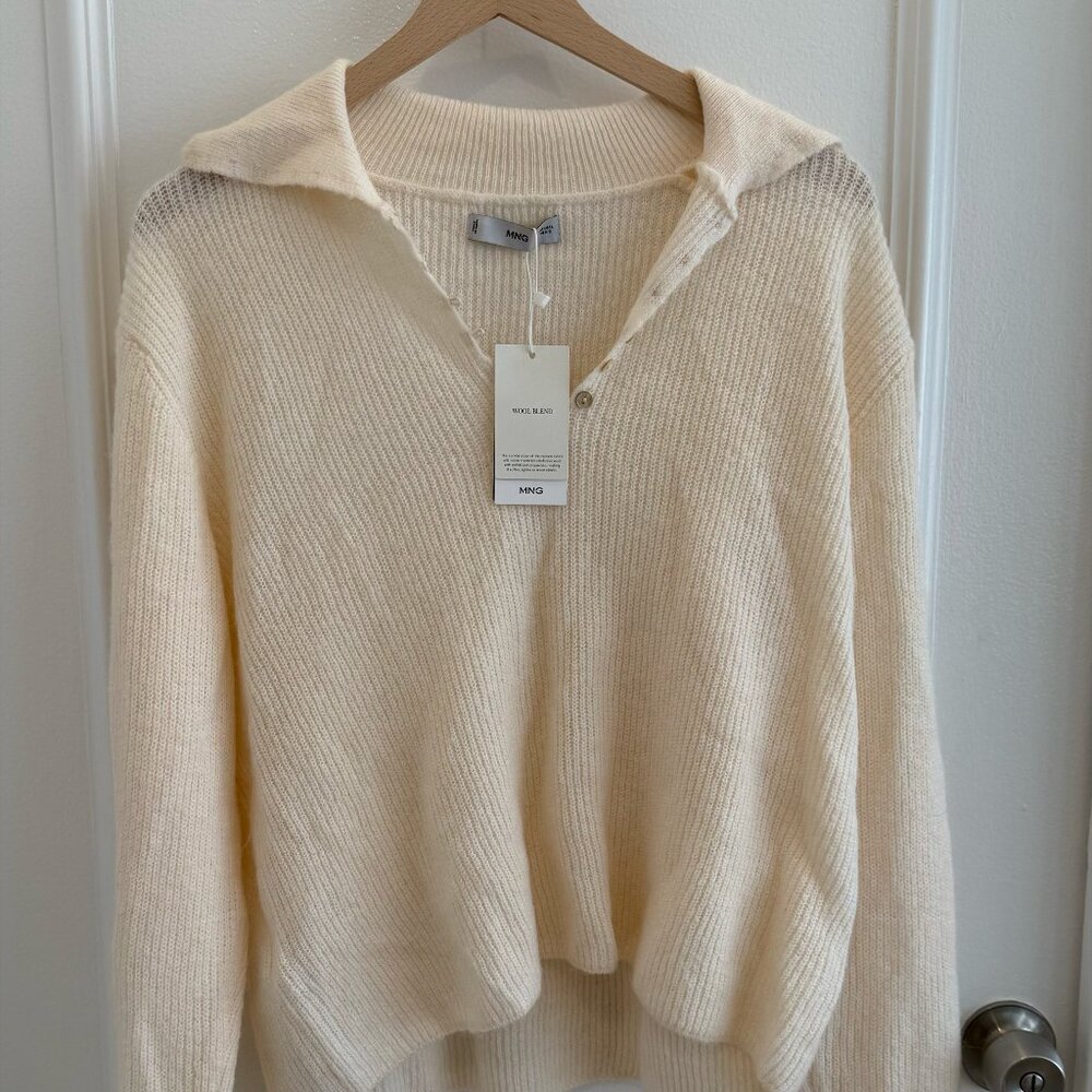 Mango Cream Ribbed Polo-Style Button Front Sweater - Picture 4 of 7